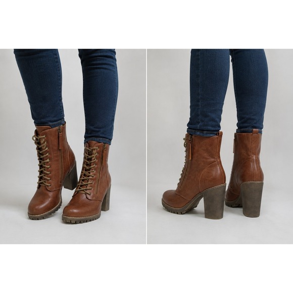 Soda Shoes - Soda Women's Brown Lace Up Combat Ankle Boots Block Heel Lug Sole Size 7.5